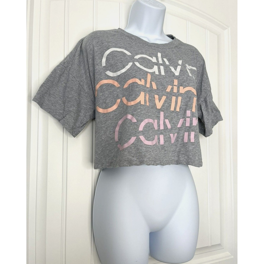 Calvin Klein Performance Sliced Logo Cropped Gray‎ Short Sleeve T-Shirt Womens M - Picture 2 of 10